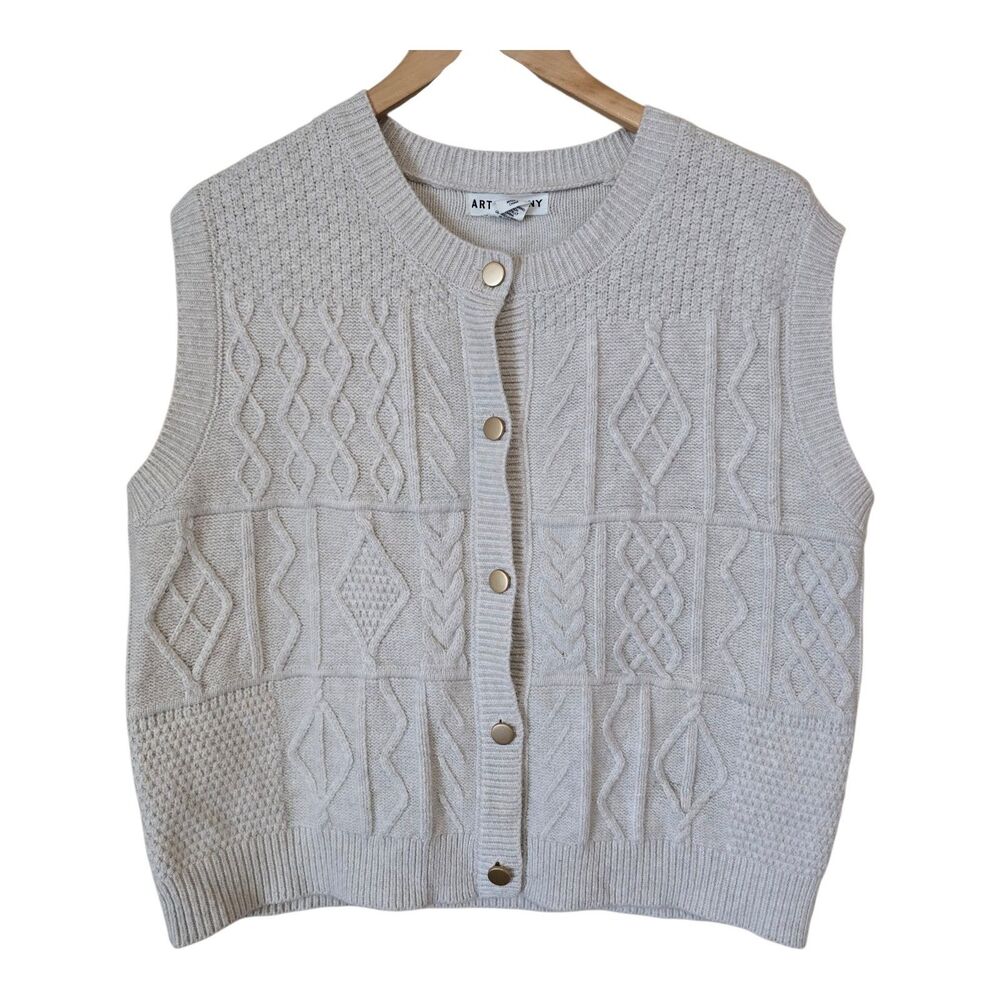 Artisan NY Womens Large Cable Knit Sweater Vest Cardigan Beige Cottagecore